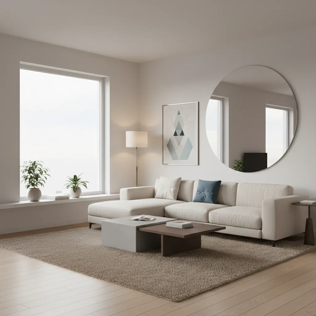 Interior layout showing mirror reflecting window light across a small room