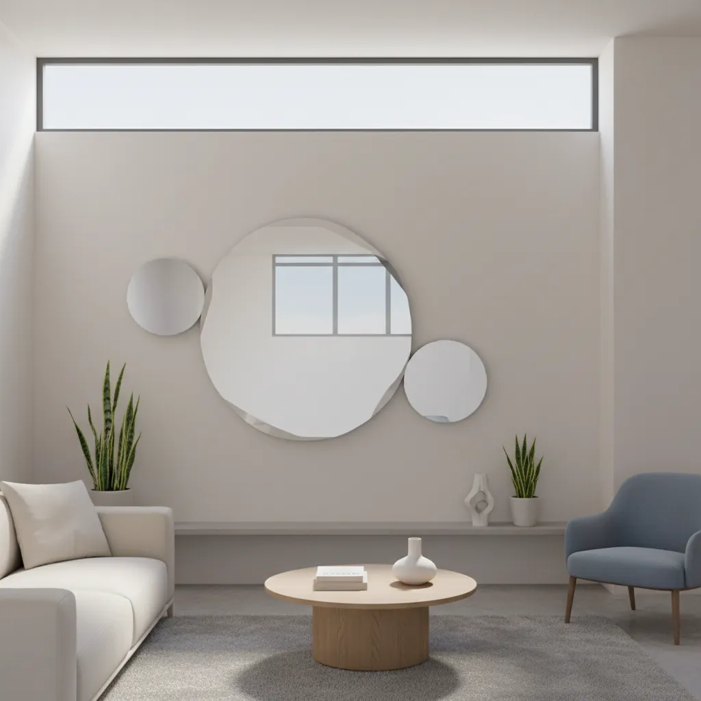 round mirrors reflecting window light in a small room