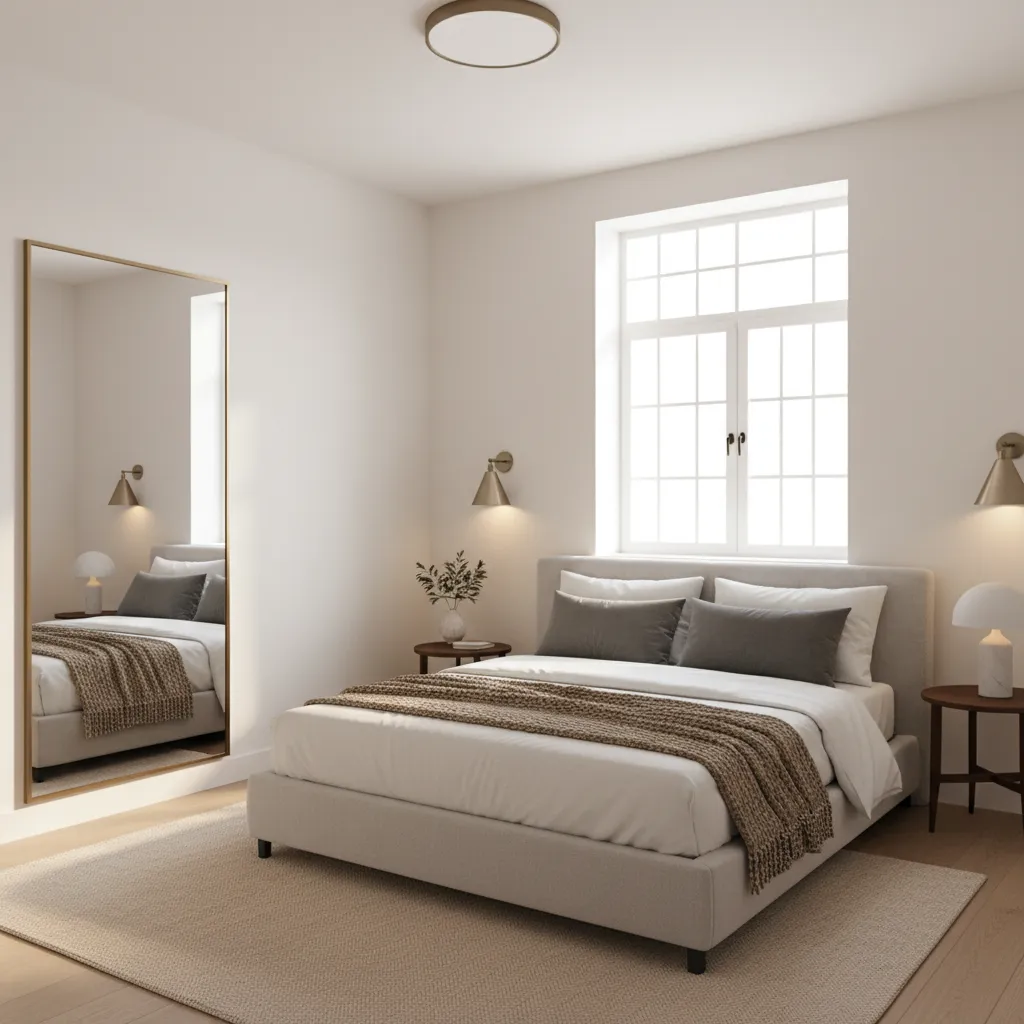 bedroom mirror reflecting window light making small room feel larger