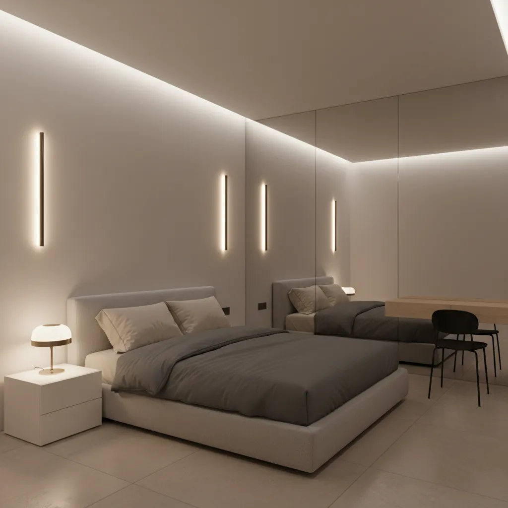Mirror and layered lighting making a small windowless room feel larger