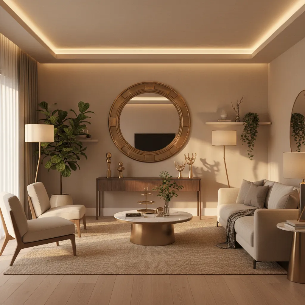 Mirror and brass decor reflecting sunlight on east wall
