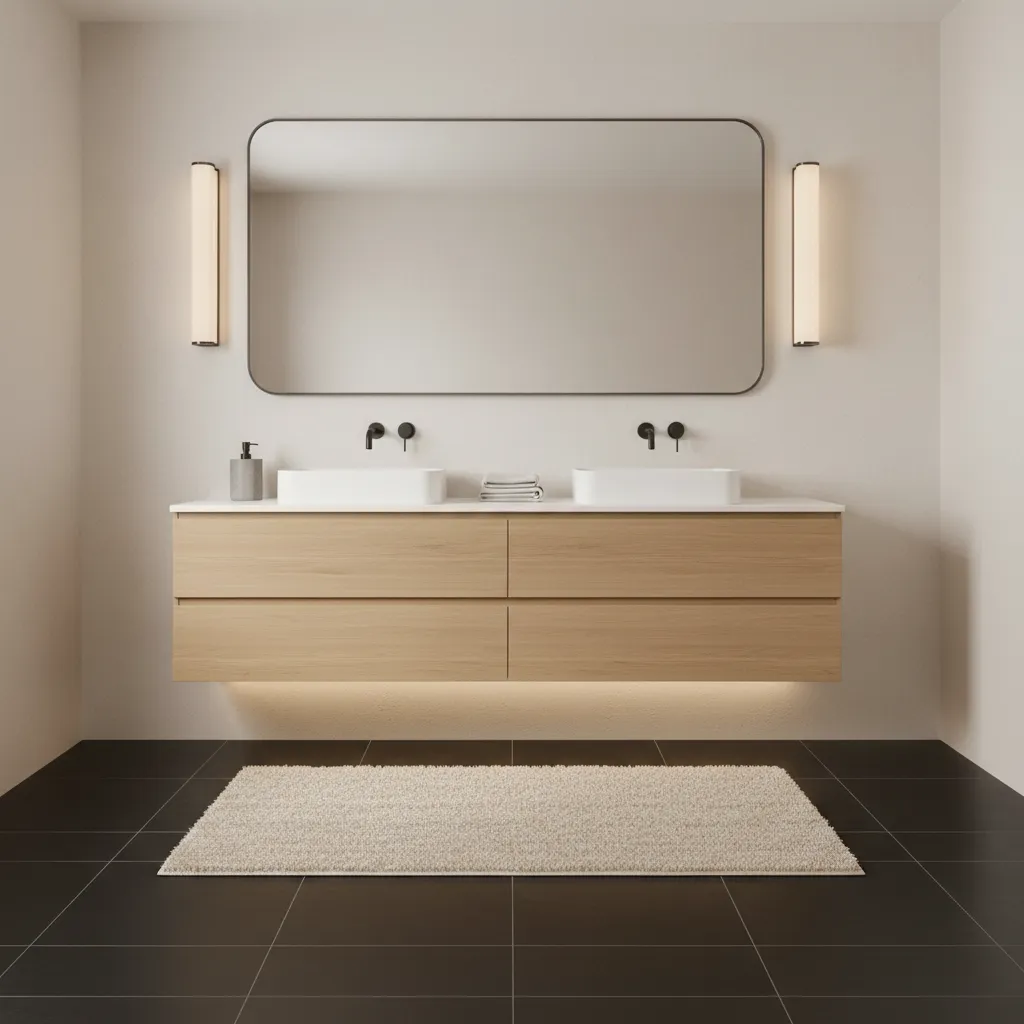 Bathroom mirror with vertical sconces illuminating a dark floor bathroom design