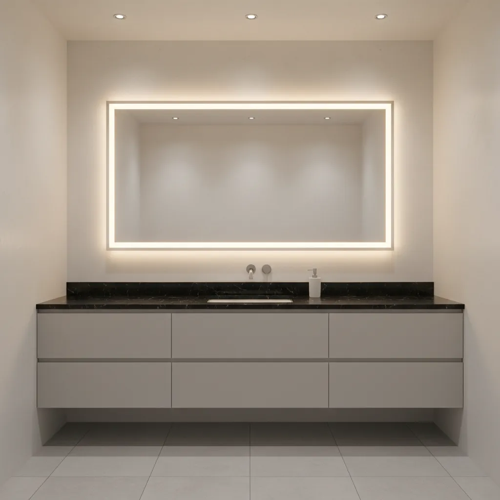 Backlit bathroom mirror illuminating black vanity countertop