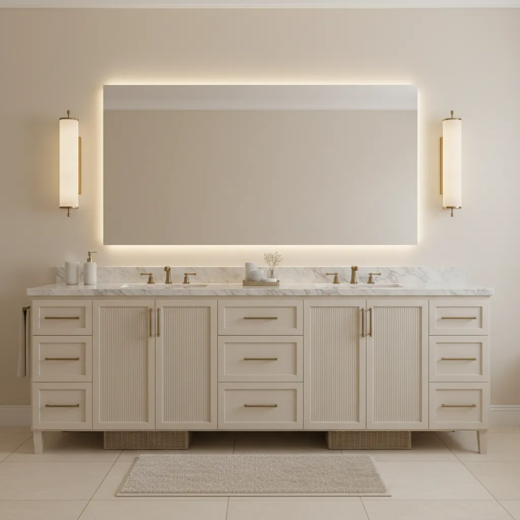 Cream bathroom vanity with vertical mirror sconces providing balanced lighting