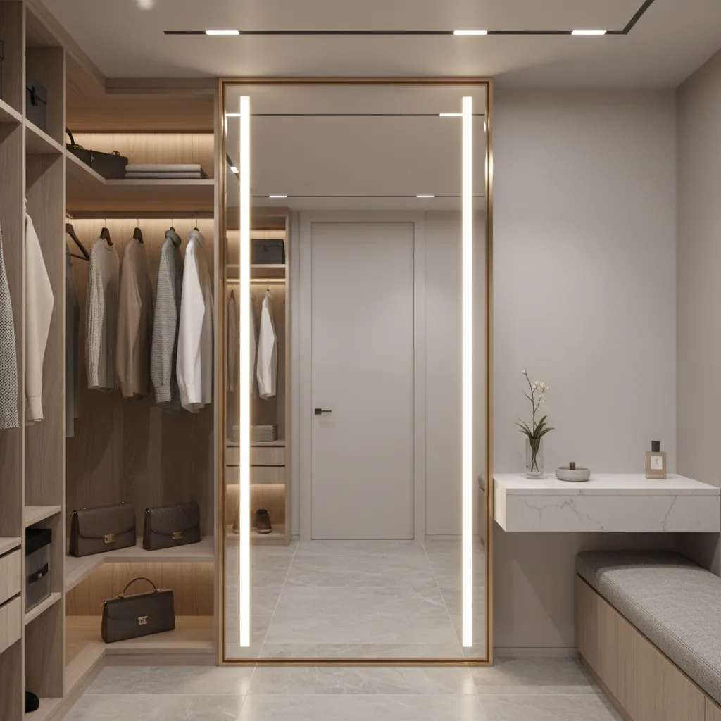 Full height mirror with vertical lighting in a modern dressing room