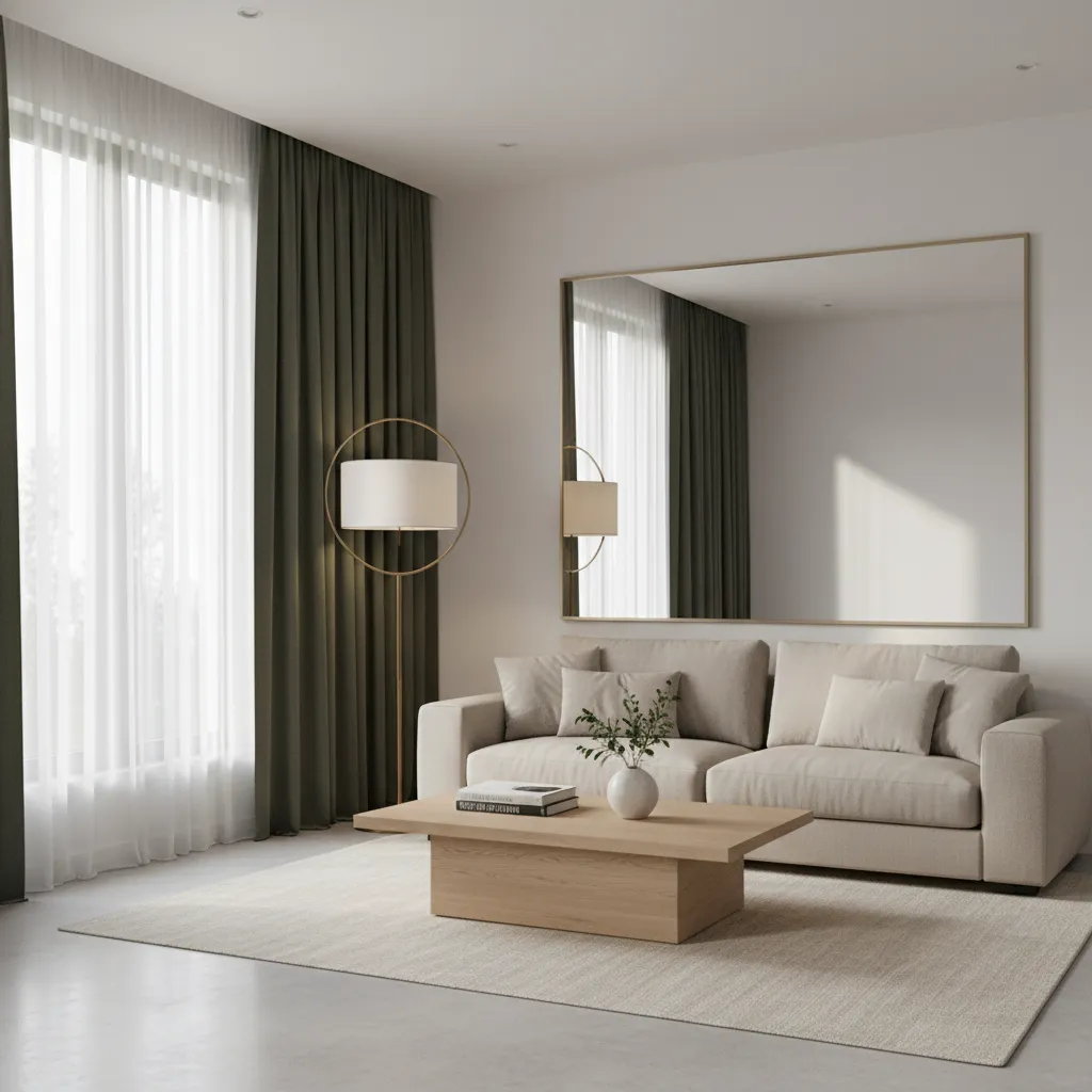 mirror reflecting light in living room with dark green curtains and floor lamp