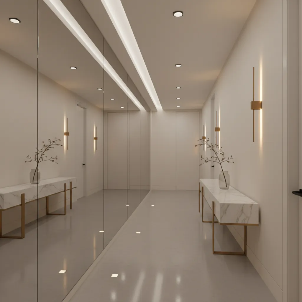 Hallway with large mirror and layered lighting creating depth