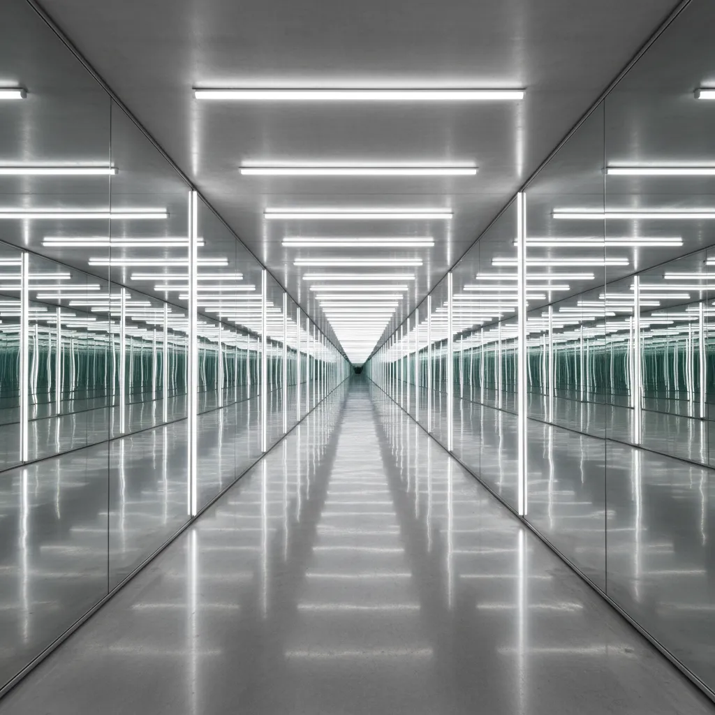 Well lit mirror corridor showing deeper visible reflections