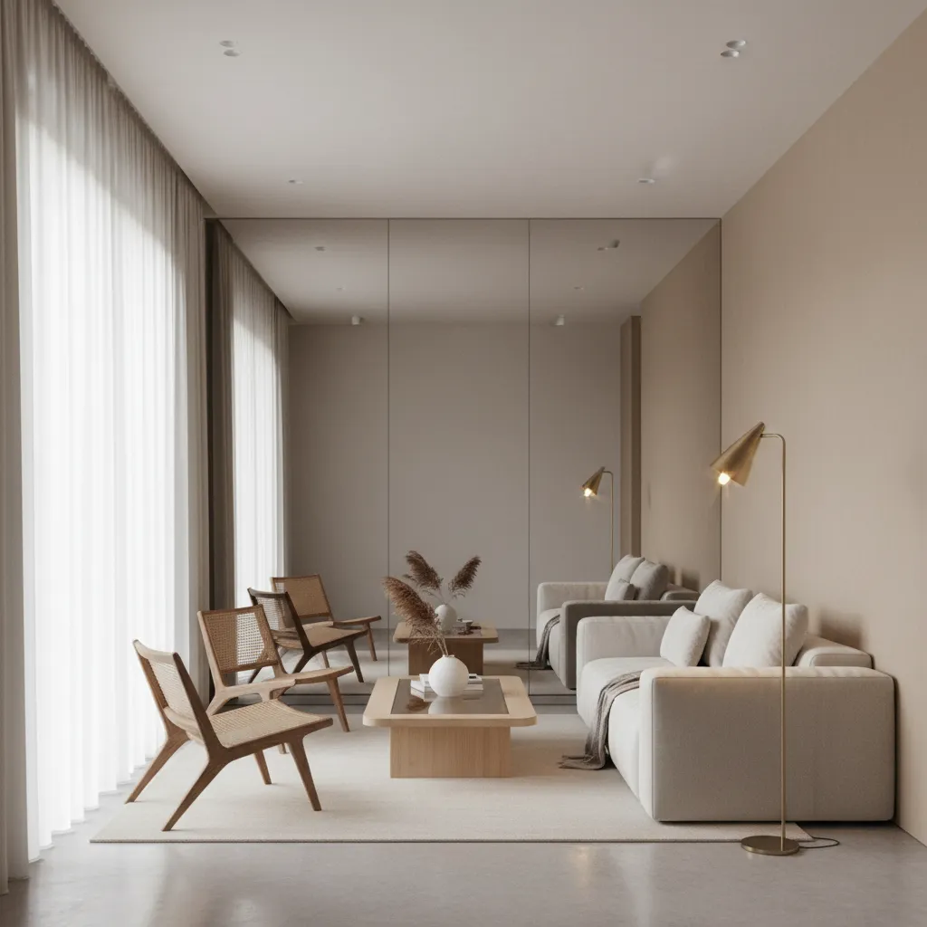 Mirror and lighting used to visually widen a narrow living room