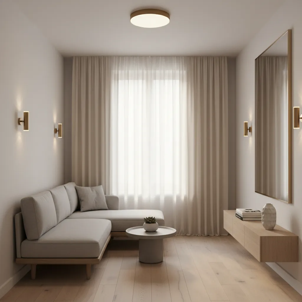 Small apartment interior using mirrors and layered lighting to expand space