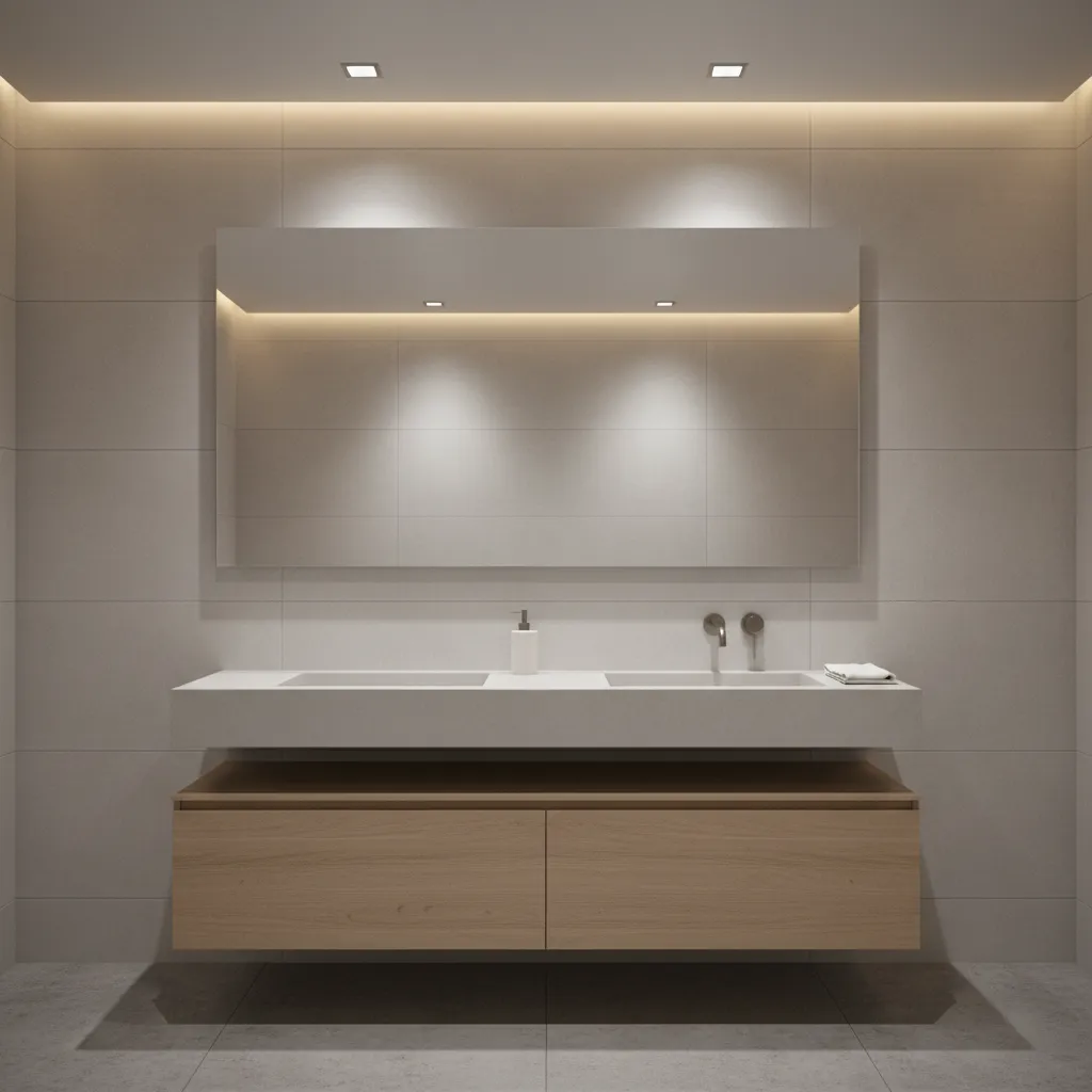 Bathroom mirror area illuminated by ceiling lights and indirect LED lighting