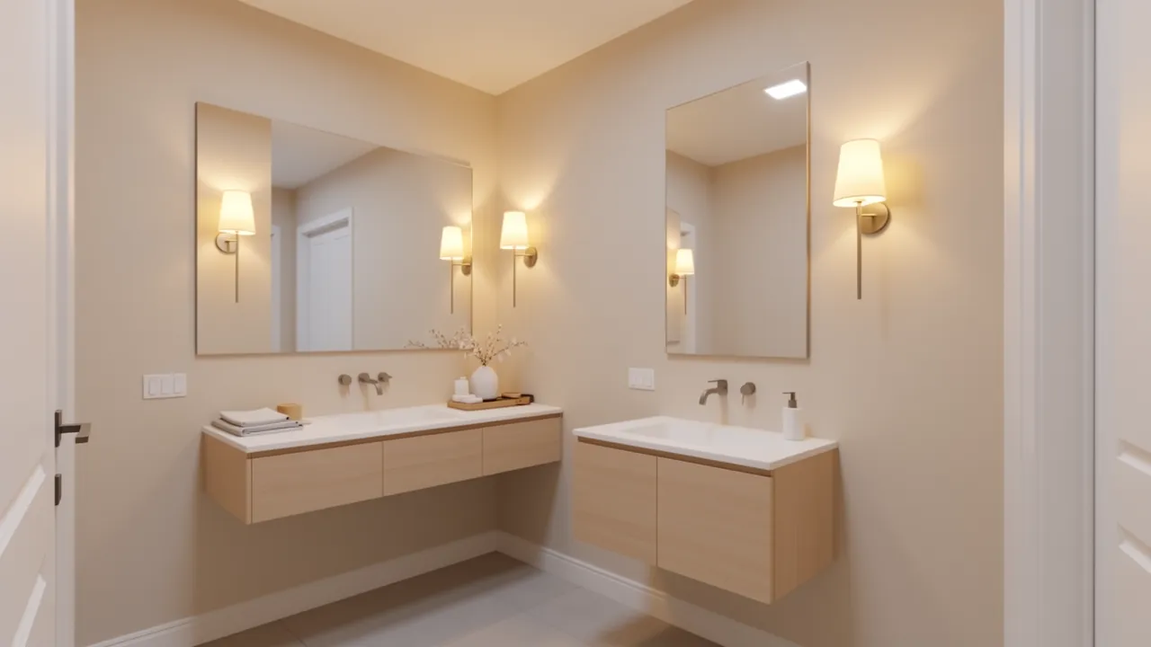 small restroom with large mirror and soft layered lighting