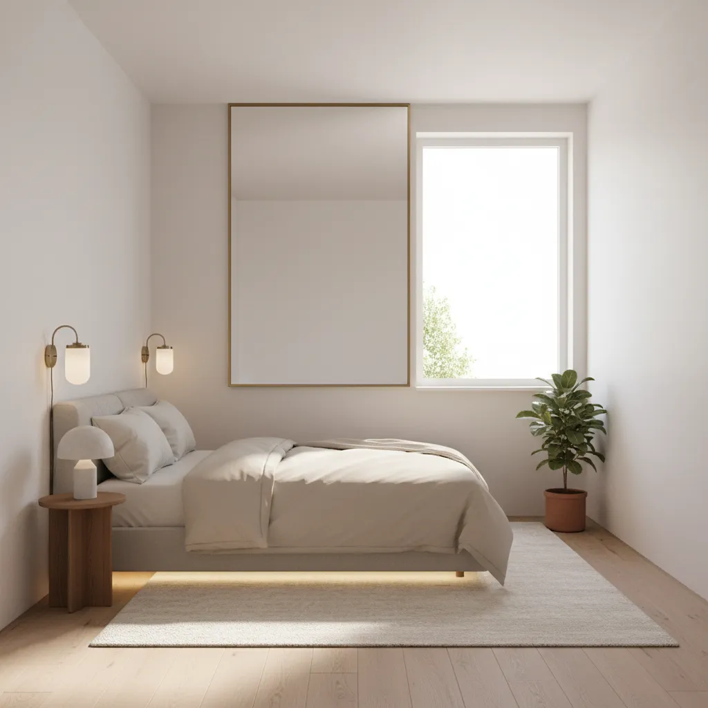 mirror opposite window reflecting light in small bedroom