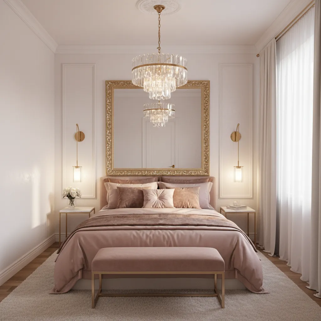 Bedroom mirror reflecting light to make a small glam bedroom appear larger