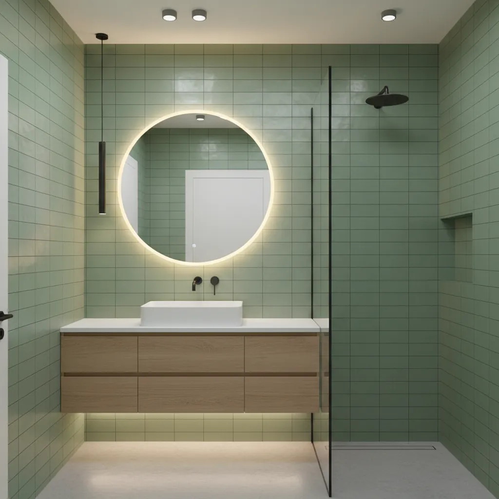 Backlit mirror and layered lighting in a small blue green bathroom