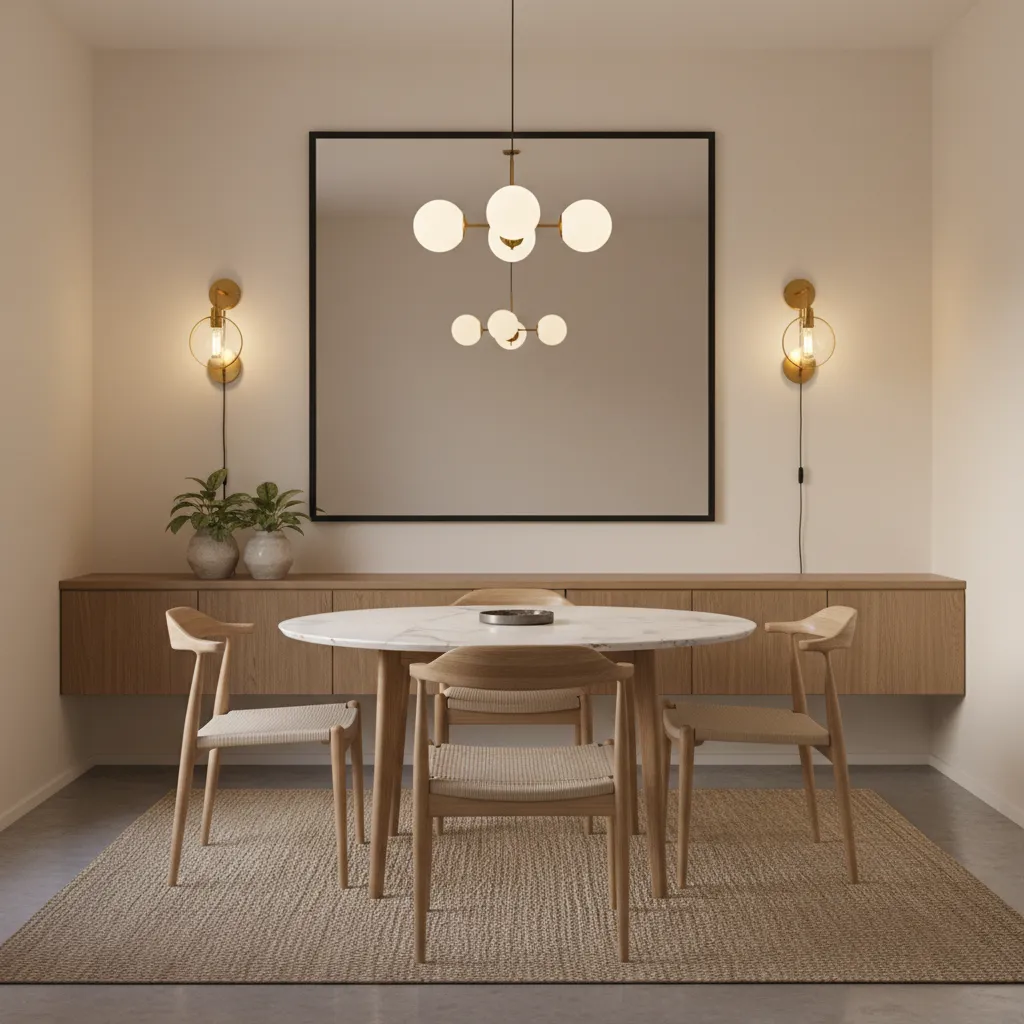 Small dining room with mirror reflecting wall sconces to brighten space