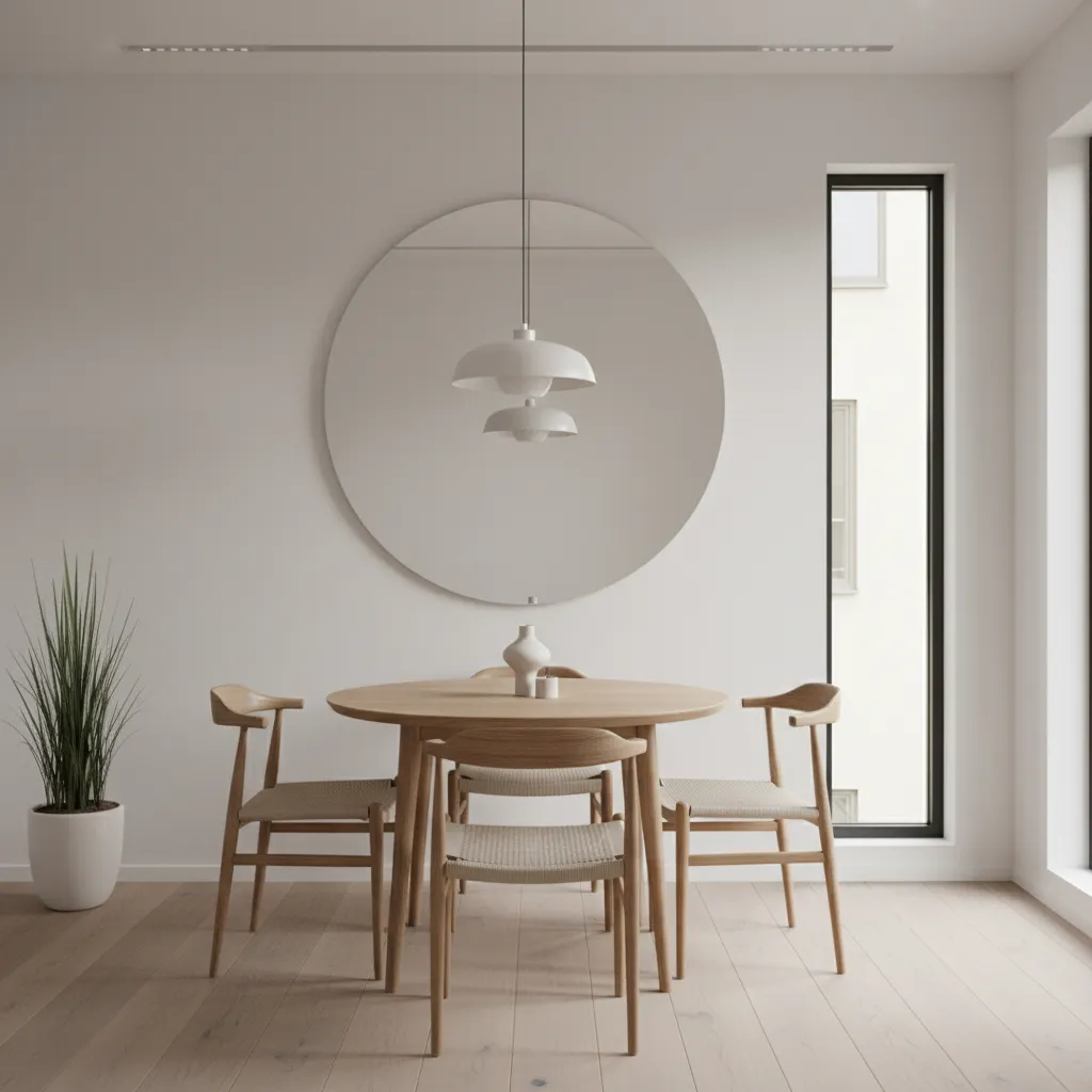 Small dining room with mirror wall and bright lighting creating spacious feel
