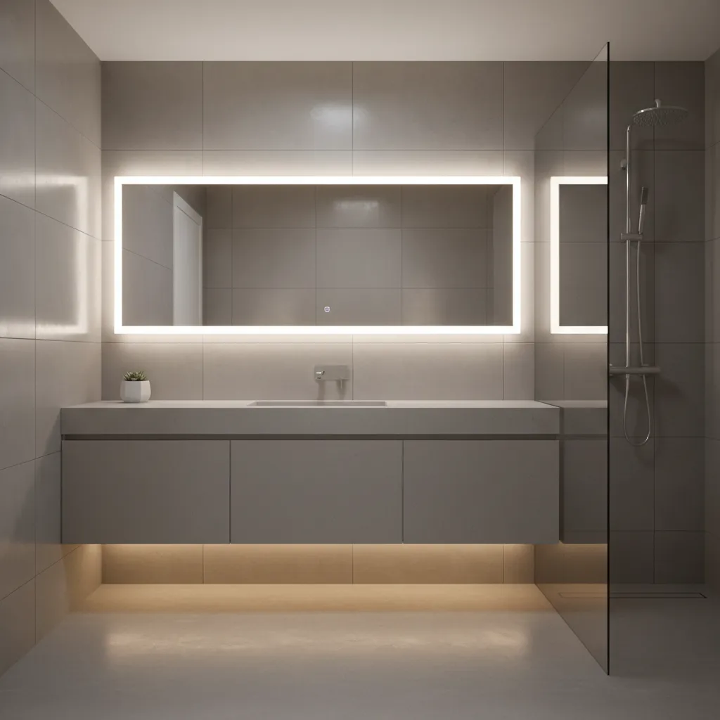 Large mirror and lighting expanding space in small grey bathroom
