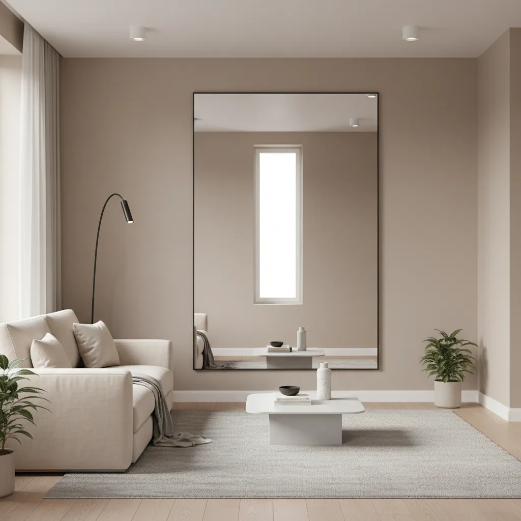 Small living room using mirrors and layered lighting to increase depth