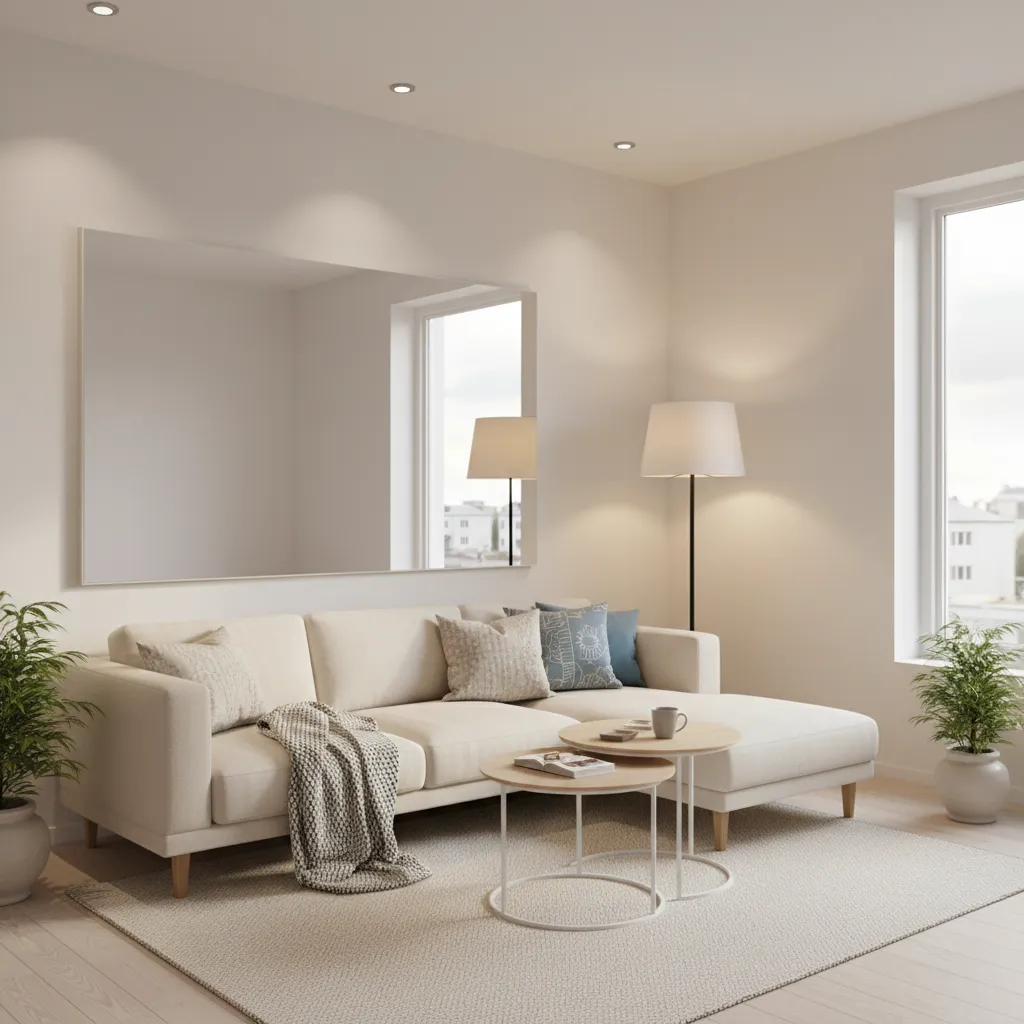 Small room enhanced with mirrors and layered lighting