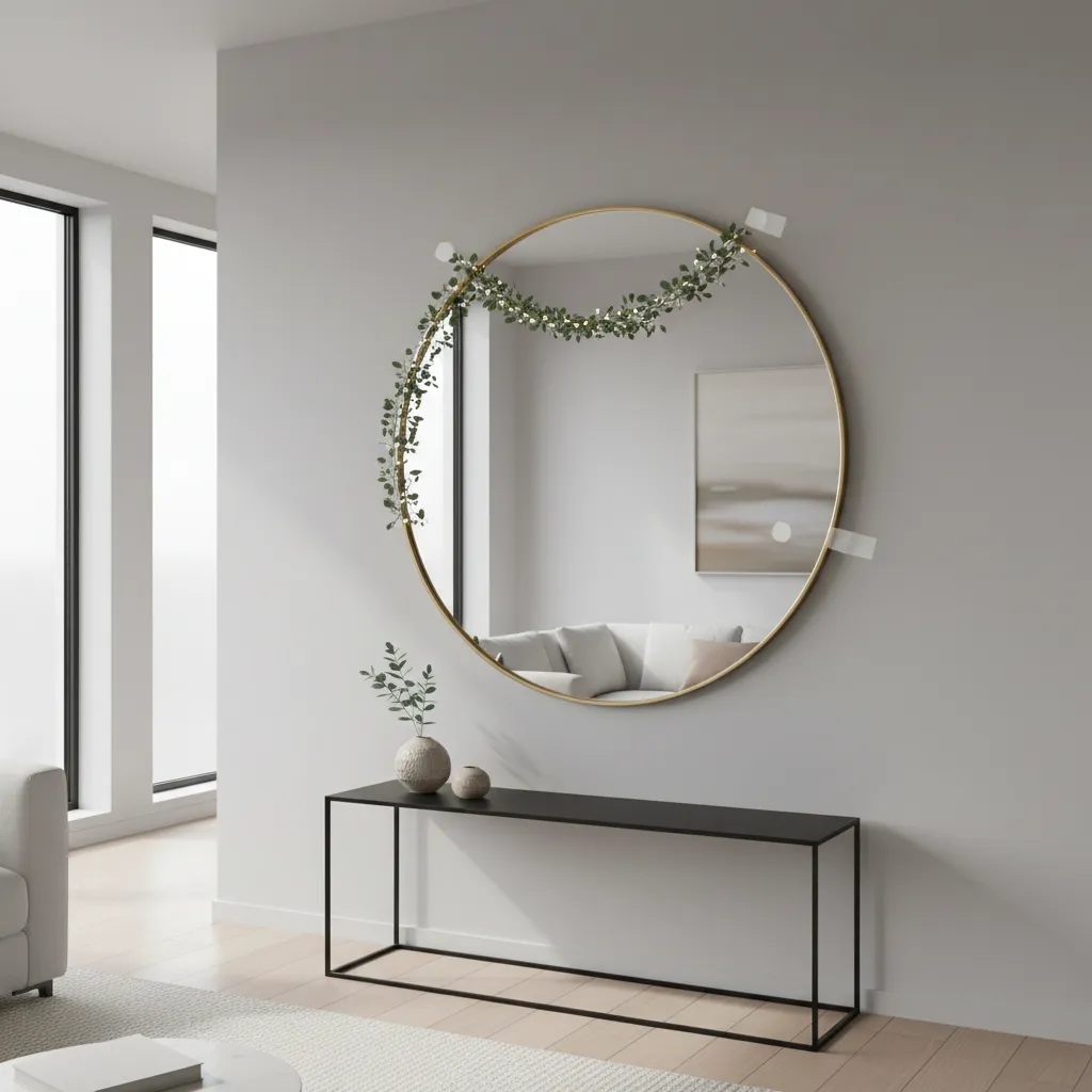 wall mirror decorated with lightweight garland using removable adhesive
