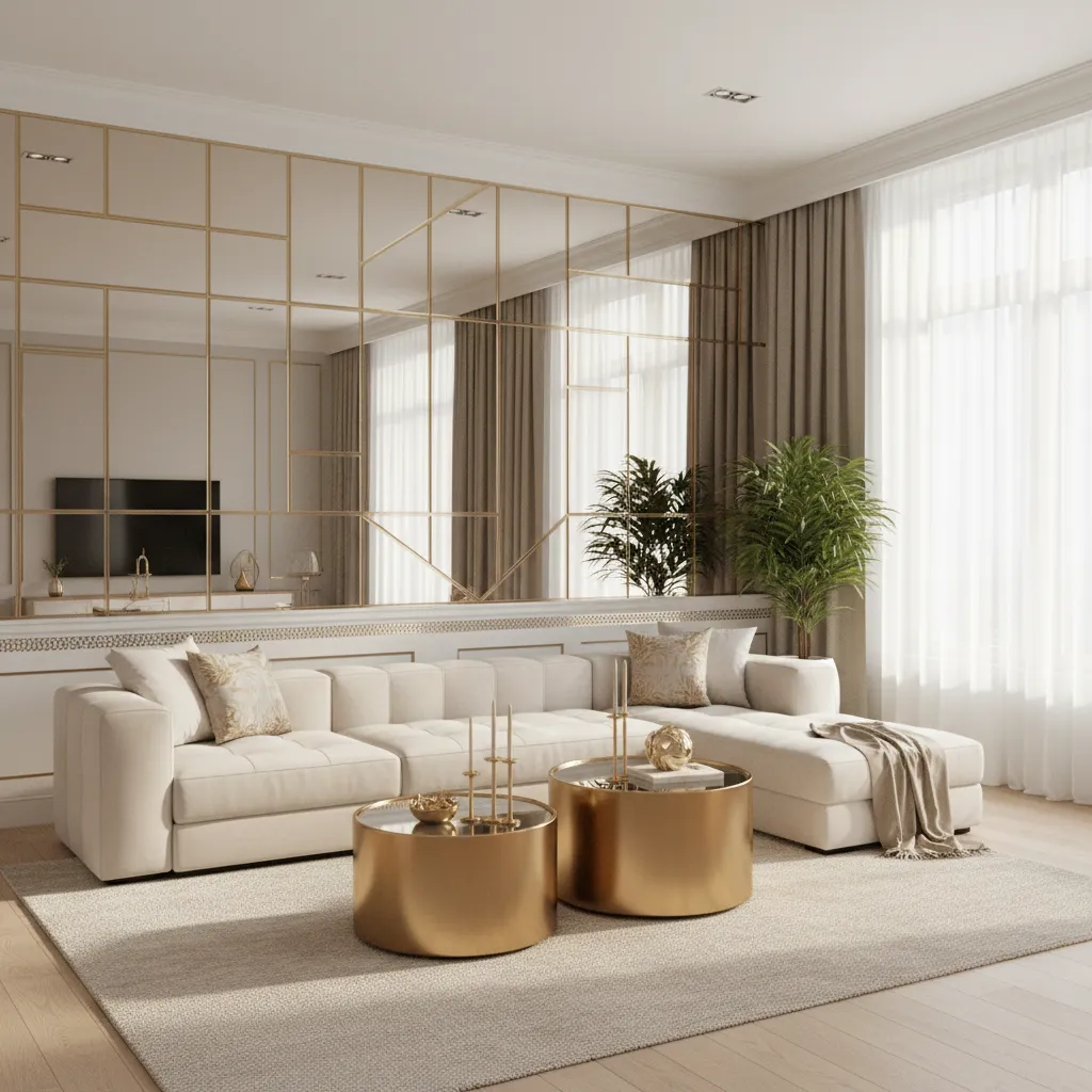 living room with mirror wall decor and metallic accents creating affordable glam interior