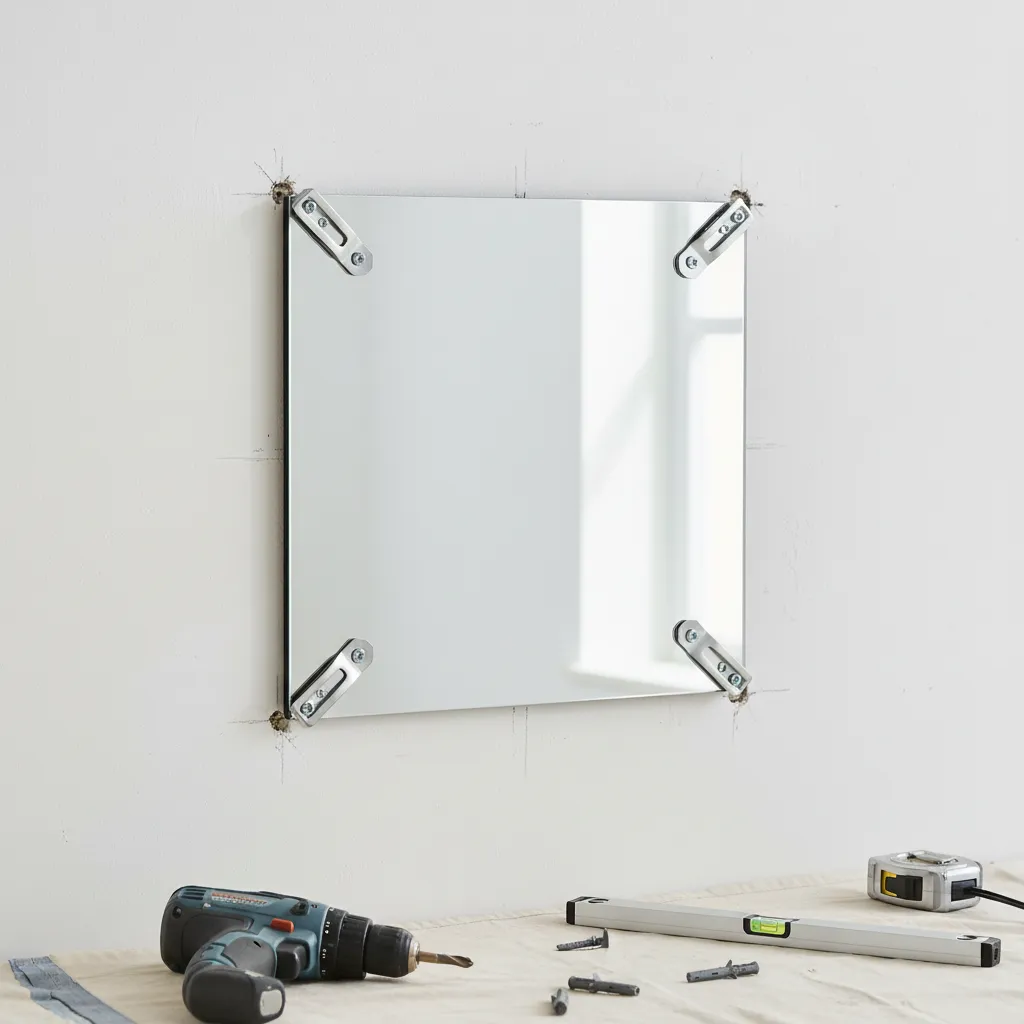 Close view of mirror clips and mounting hardware securing a wall mirror