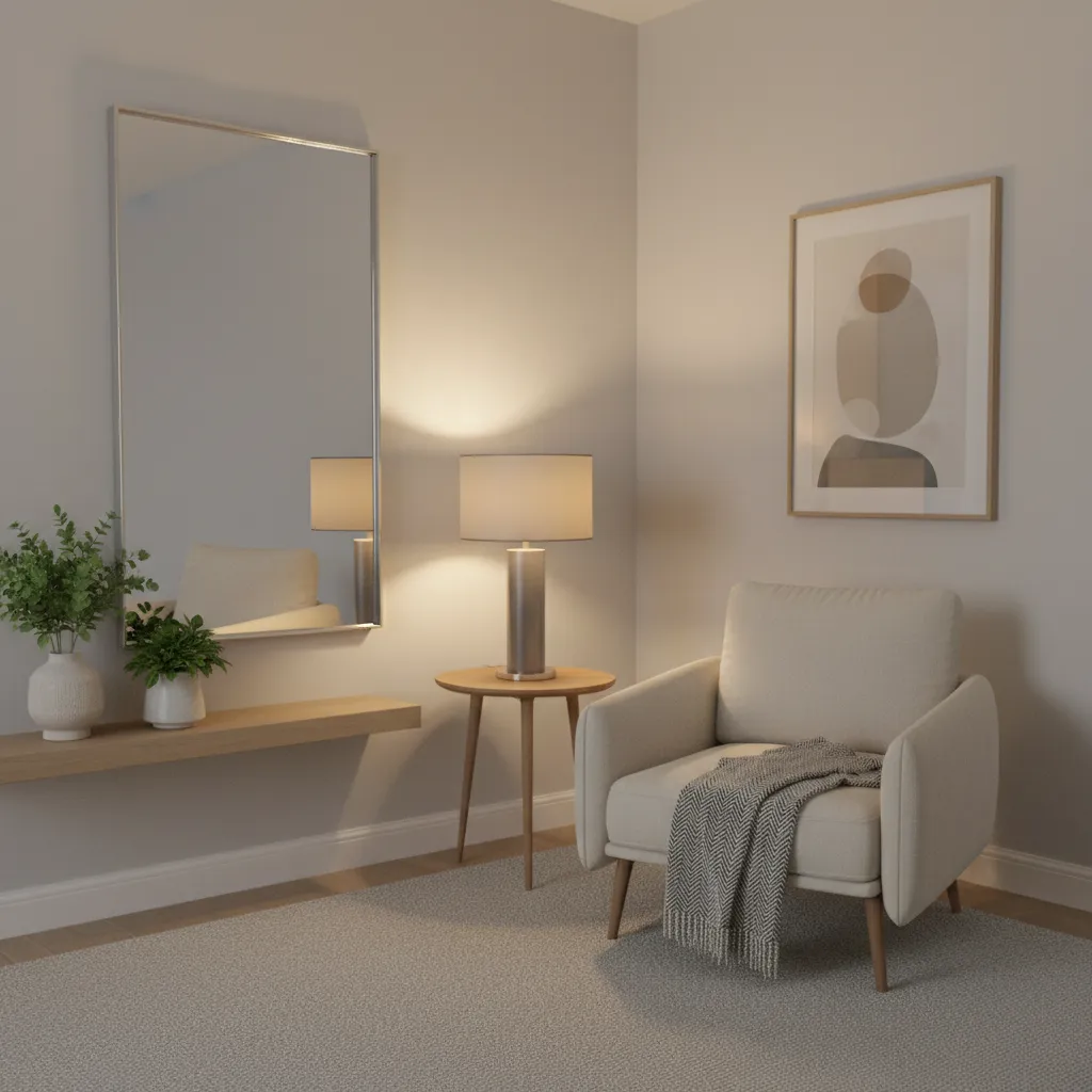 Mirror beside table lamp reflecting warm light in small room