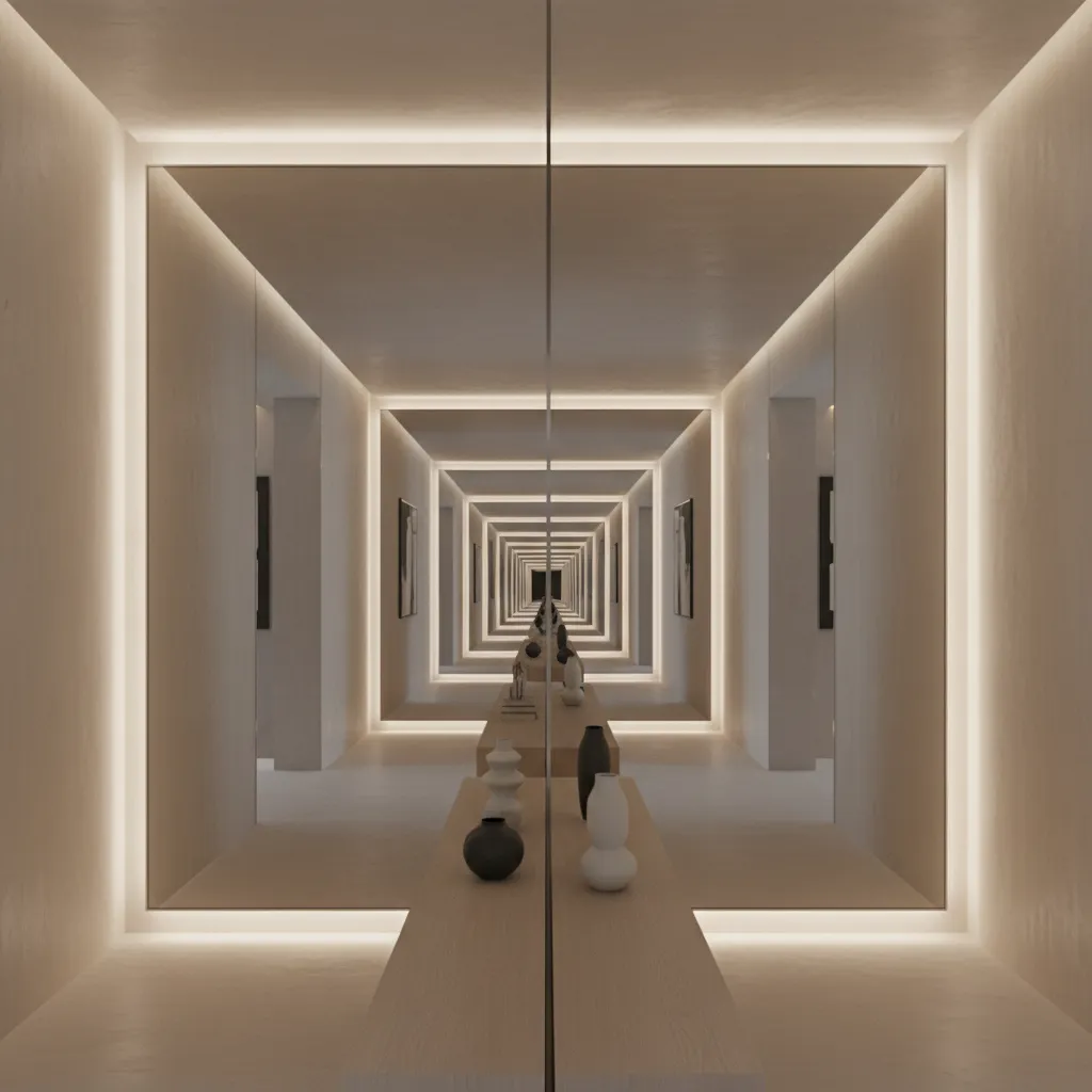 Two mirrors facing each other creating repeated reflections in a corridor