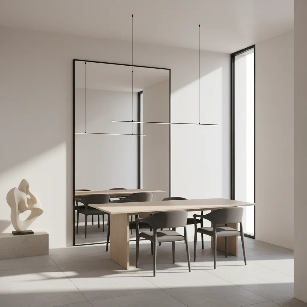 Large mirror placed opposite window in dining room to maximize daylight reflection