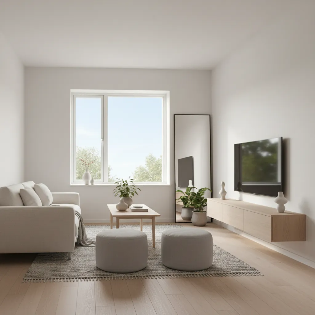 mirror positioned across from window in small living room layout