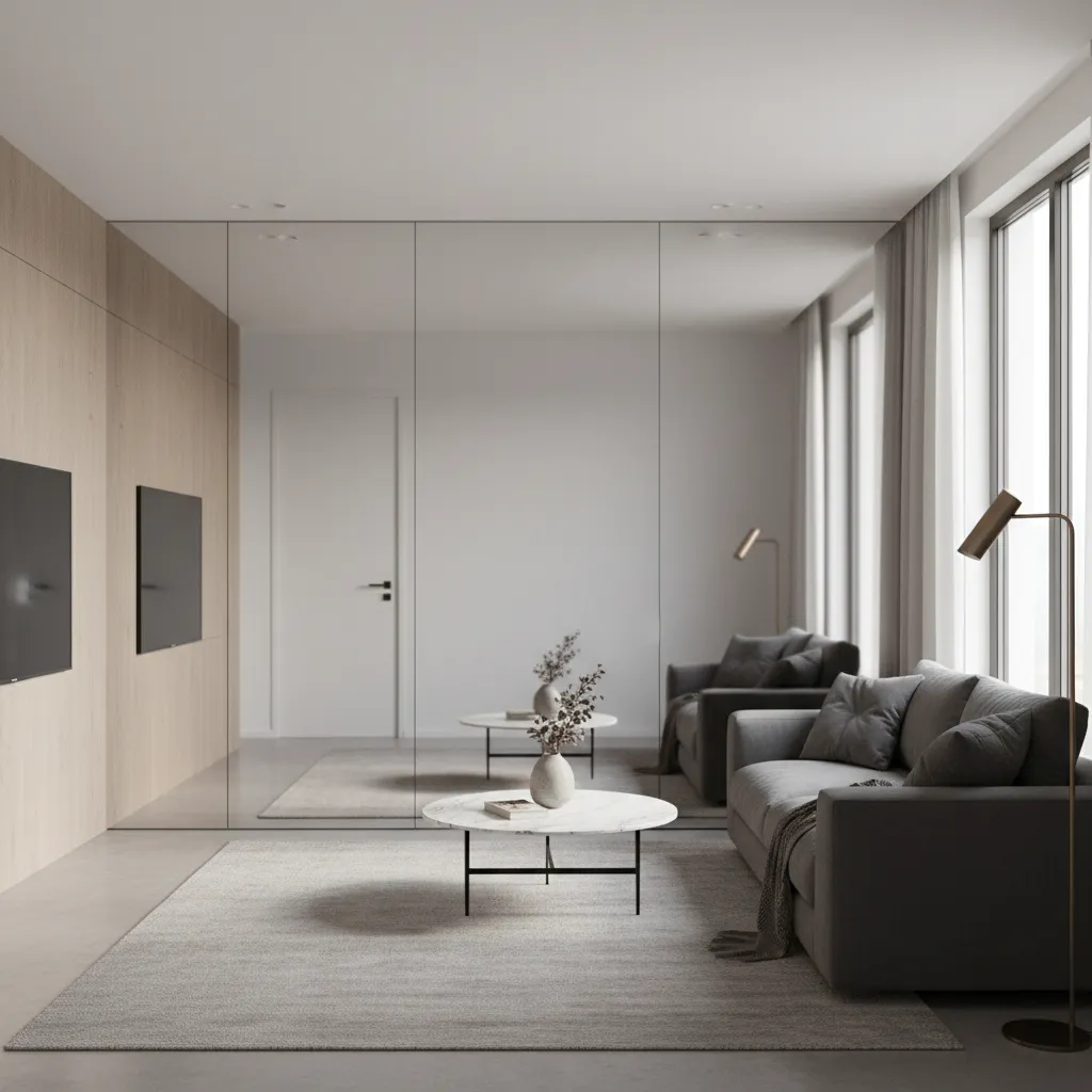 Full height mirror panel concealing a bathroom door in a small apartment living room