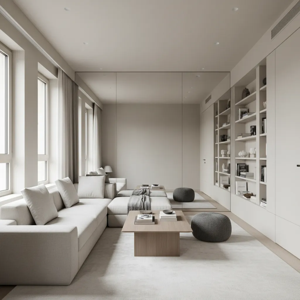 Large mirror placed at the end of a narrow living room to create depth