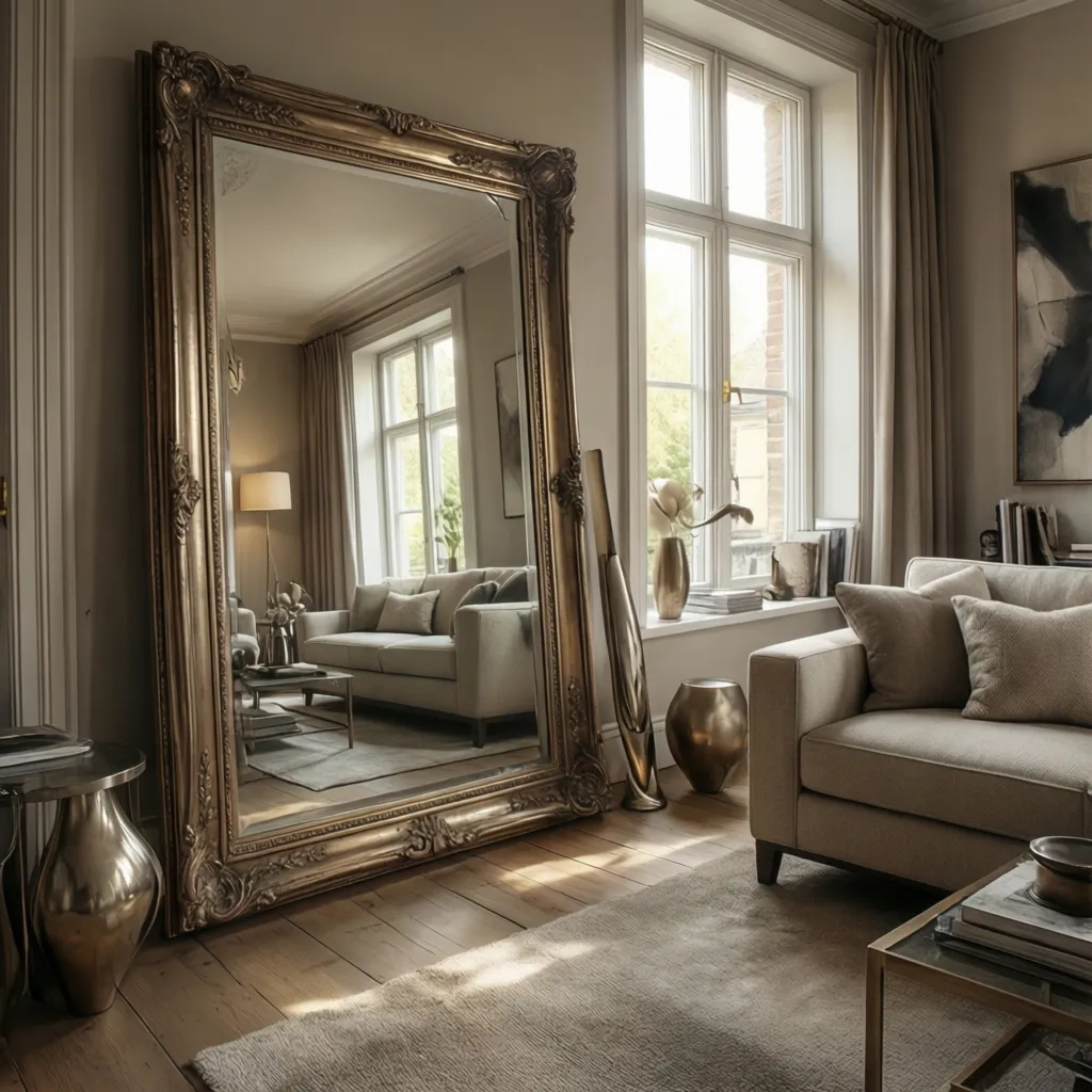 living room showing proper mirror placement reflecting natural window light