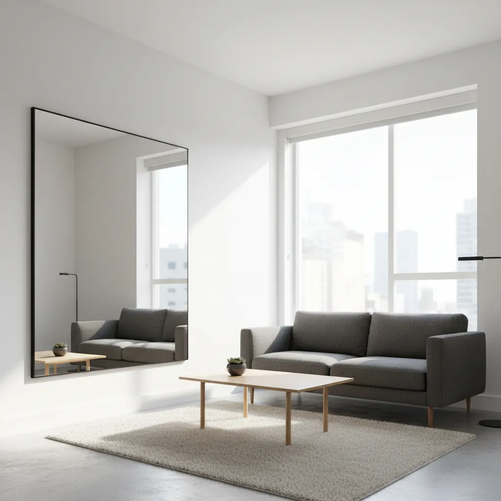 mirror placed opposite window in small apartment reflecting natural light
