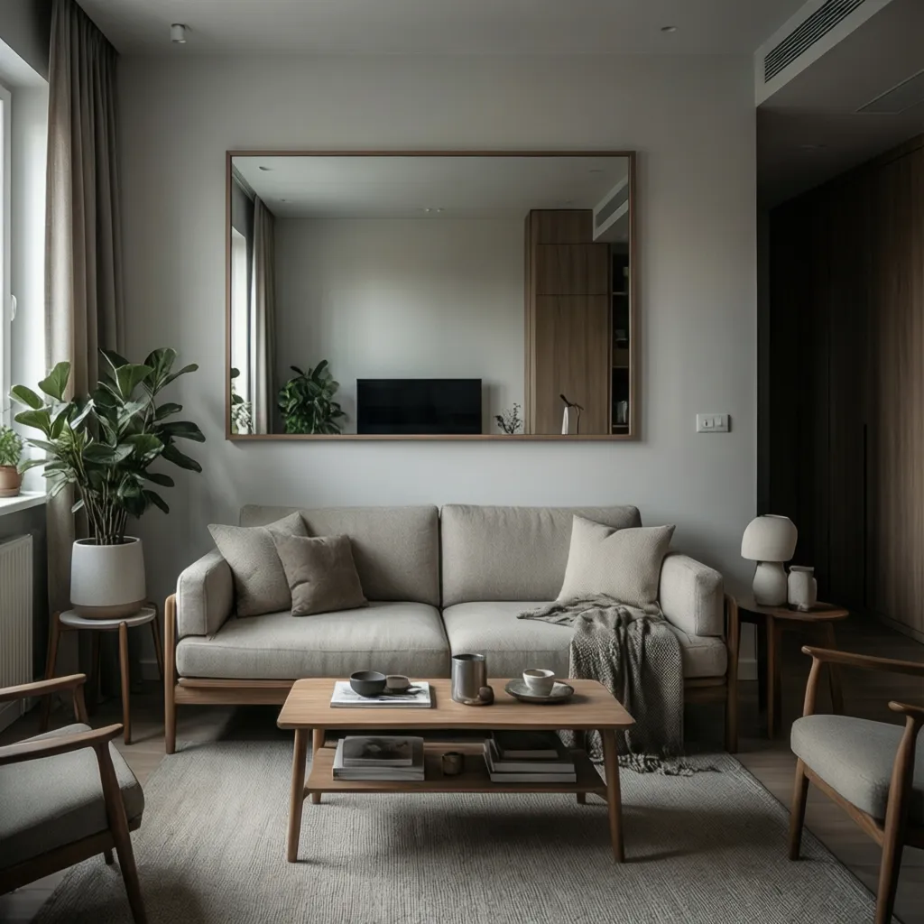 Small living room with mirror sized proportionally above a sofa