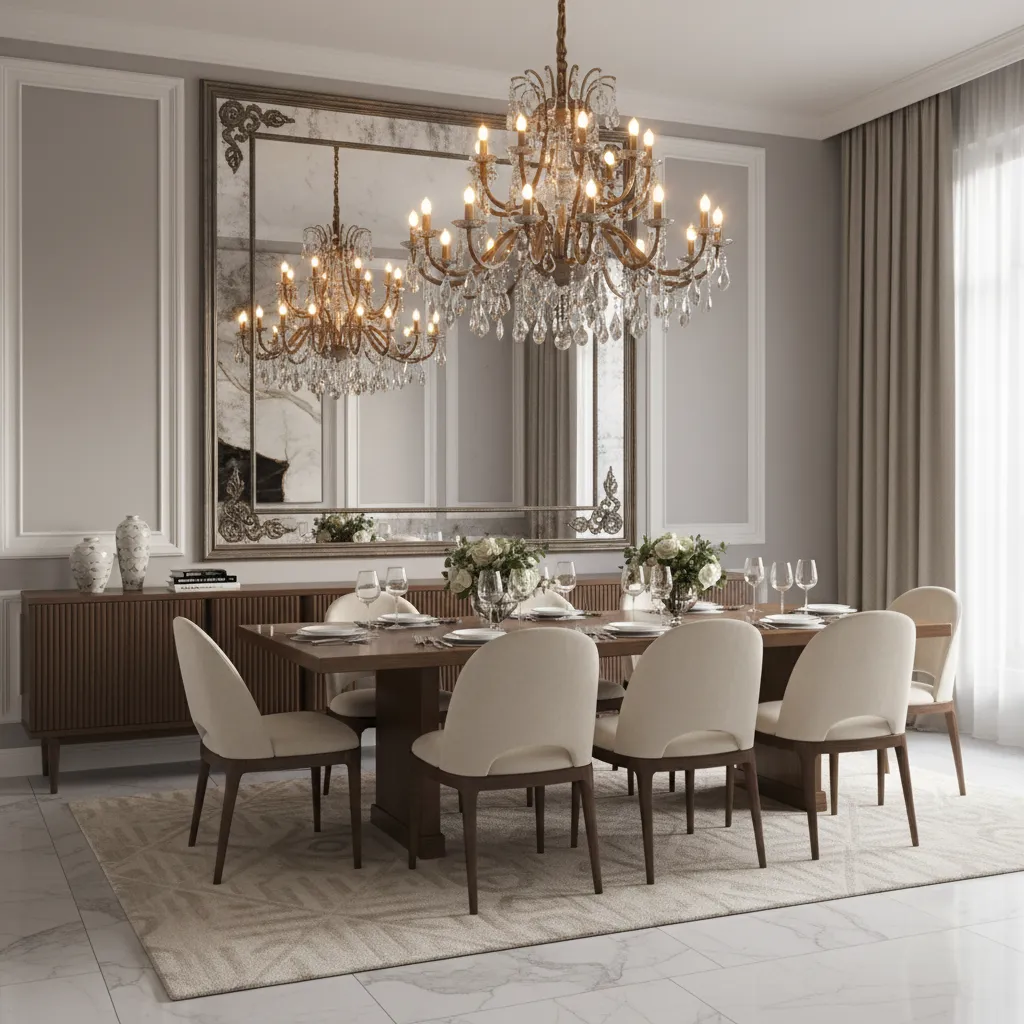 Dining room mirror reflecting chandelier light over dining table