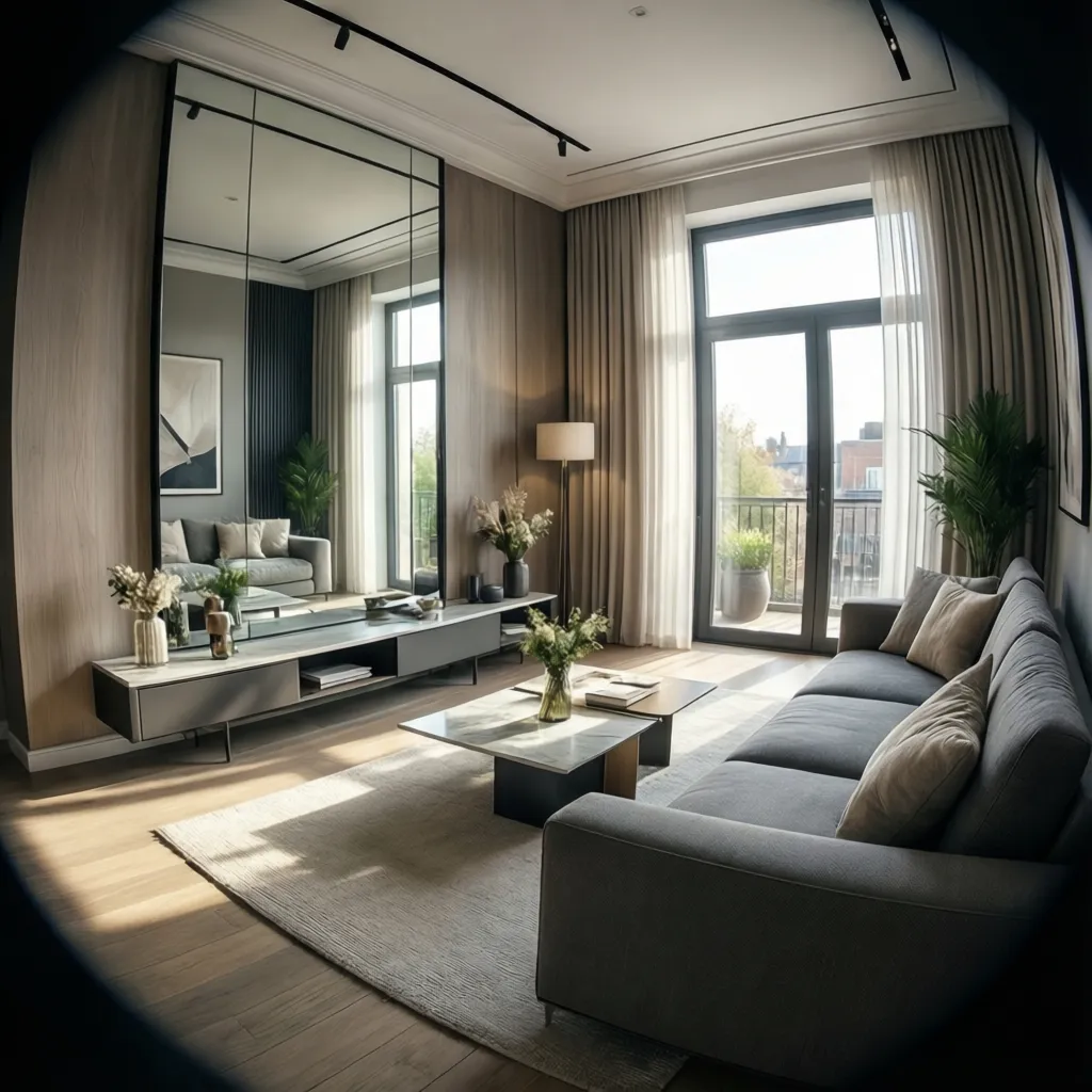 Large wall mirror reflecting window light in a modern grey living room