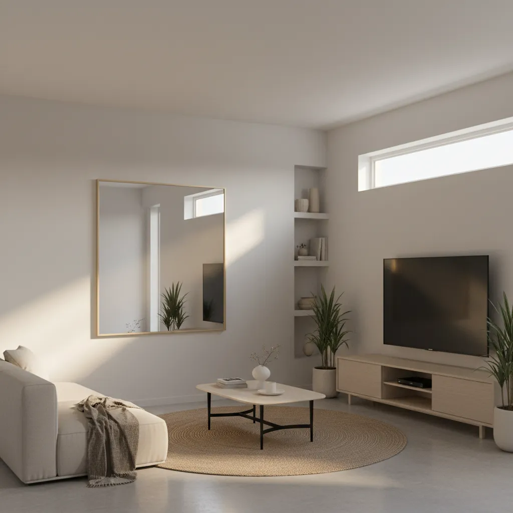 Large wall mirror reflecting light from a small living room window