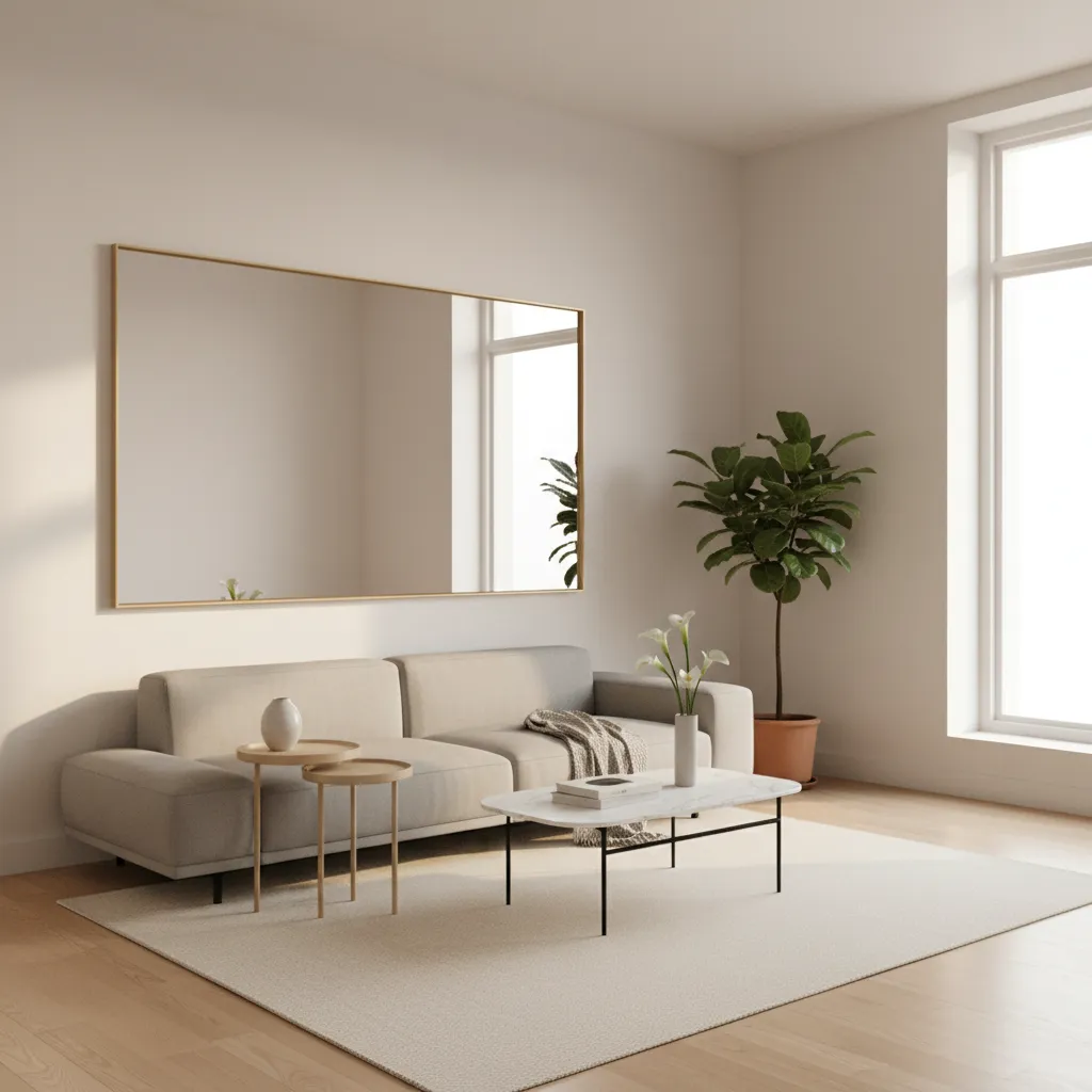 Large wall mirror reflecting natural window light in a small living room