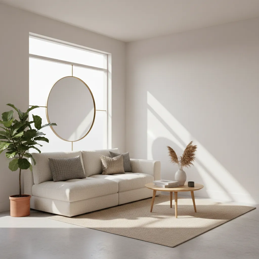 Small living room mirror reflecting natural light from window