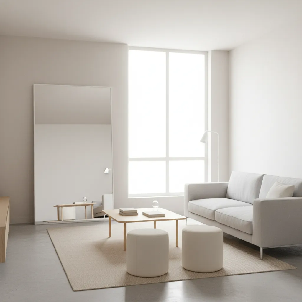 Mirror reflecting a window in a small living room to increase natural light