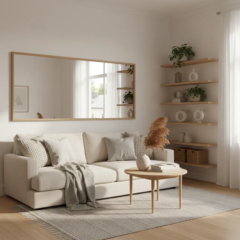 Large wall mirror reflecting a bright window in a small apartment living room