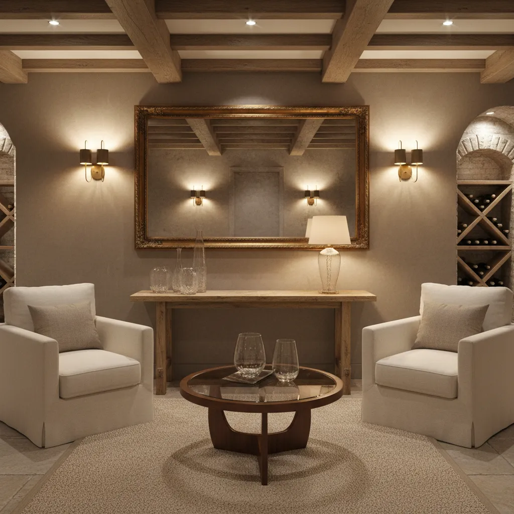 Mirror reflecting warm wall lighting in a European style basement interior