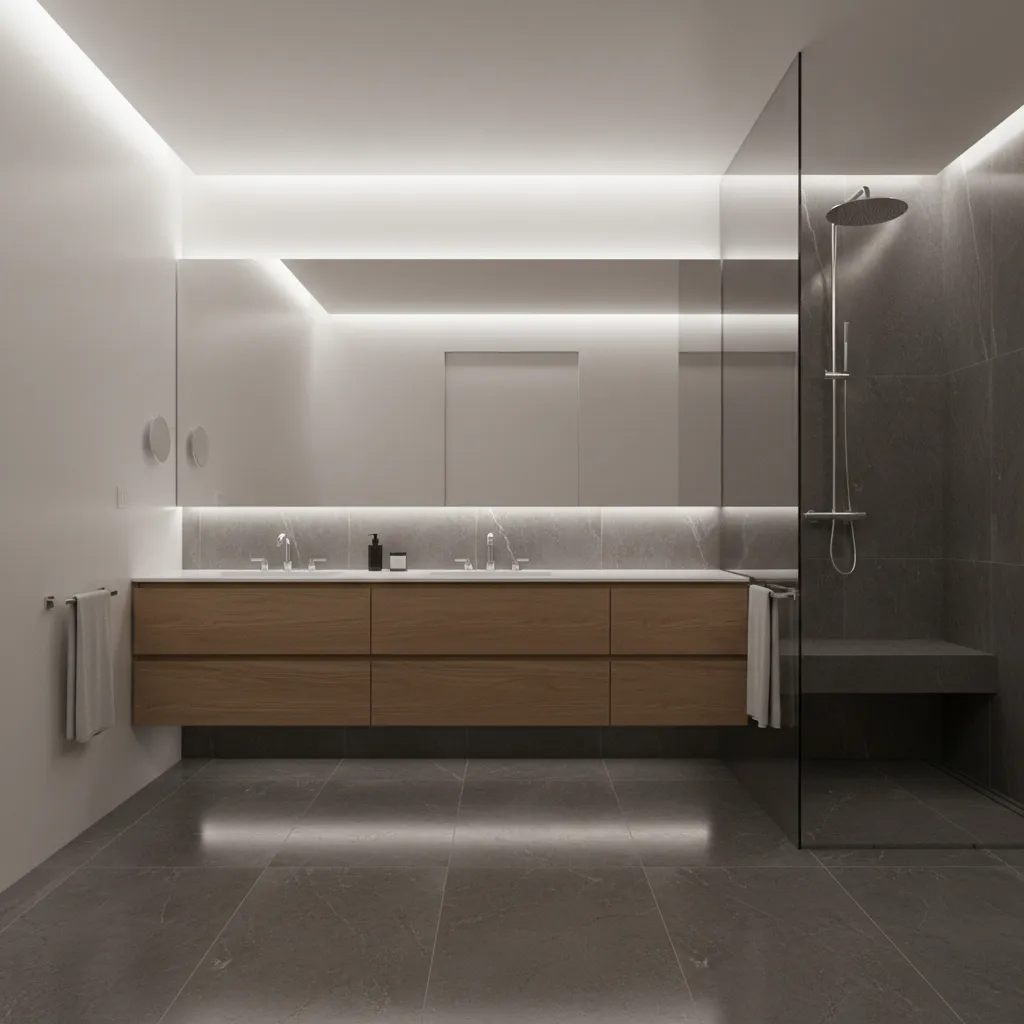 Large bathroom mirror reflecting light above dark tile floor
