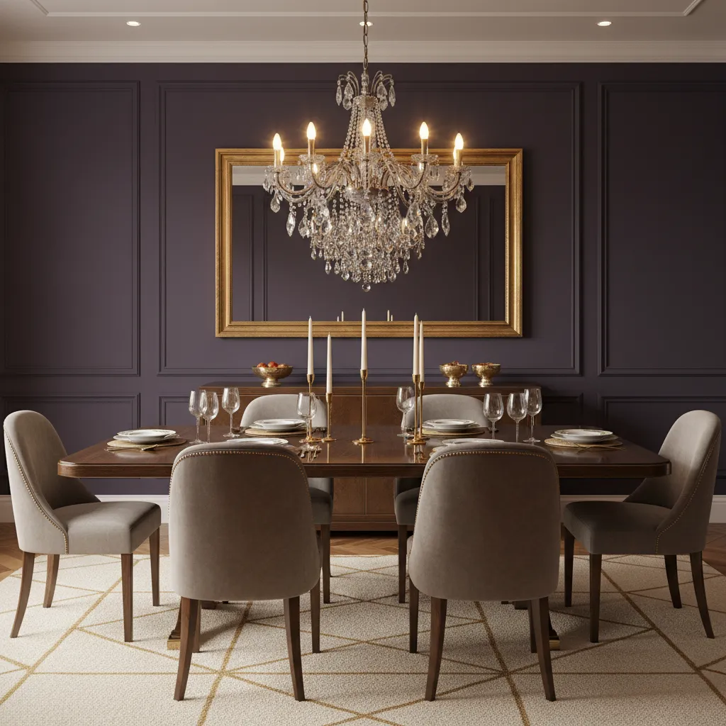 Dining room mirror reflecting chandelier light on dark walls