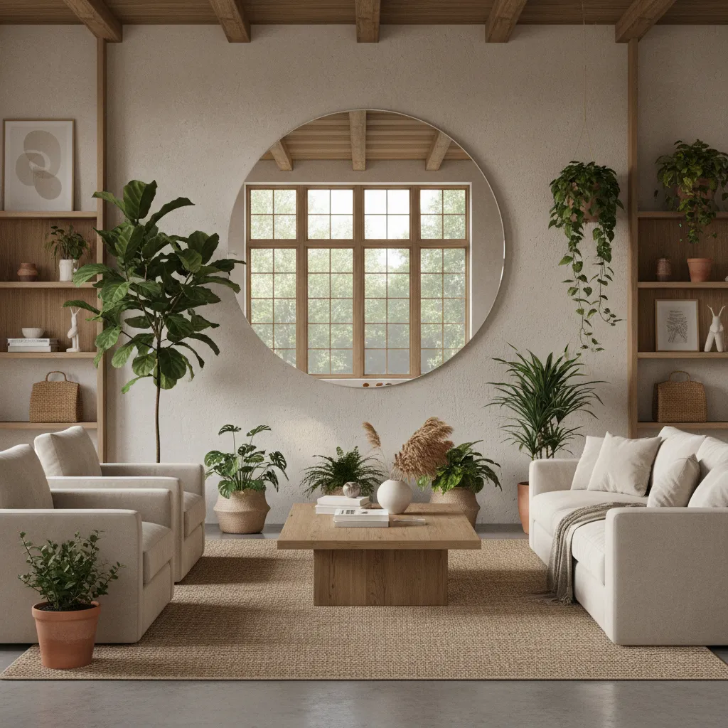 mirror reflecting a window and indoor plants creating depth in a living room
