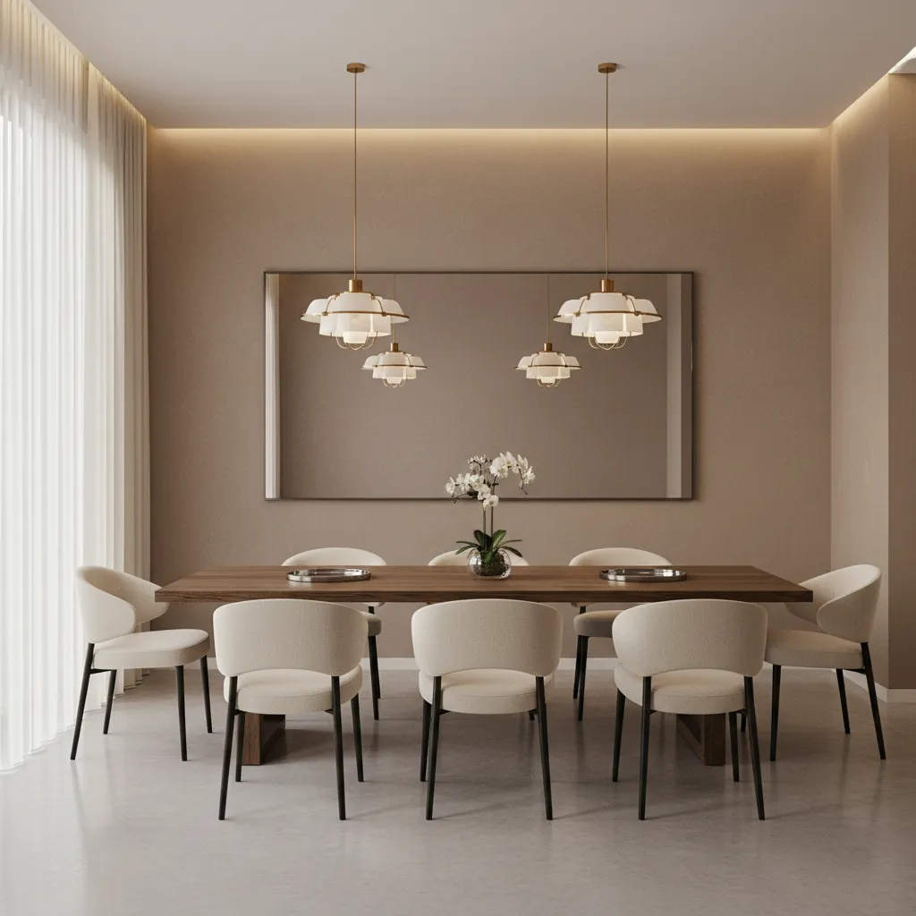 large wall mirror reflecting light in a modern dining room