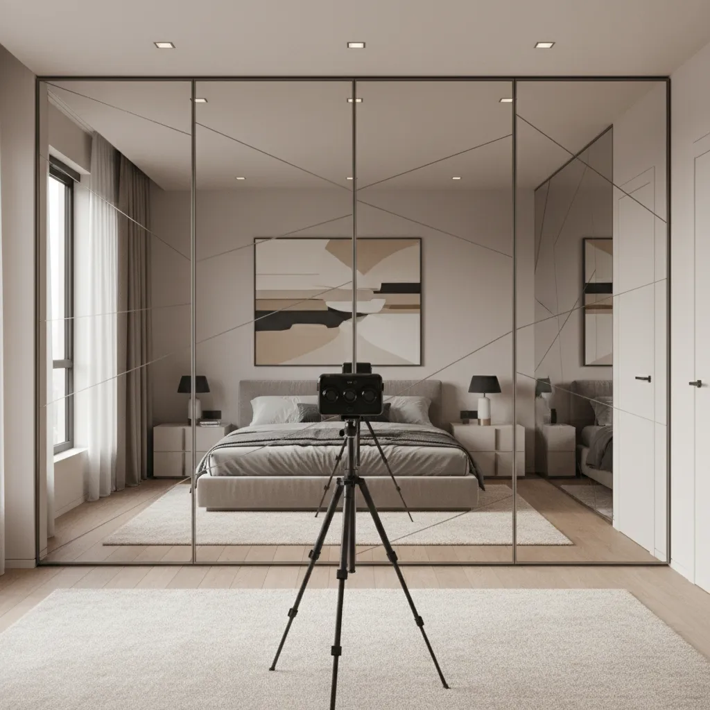 Interior room with large mirror showing reflection issues during 360 camera scanning