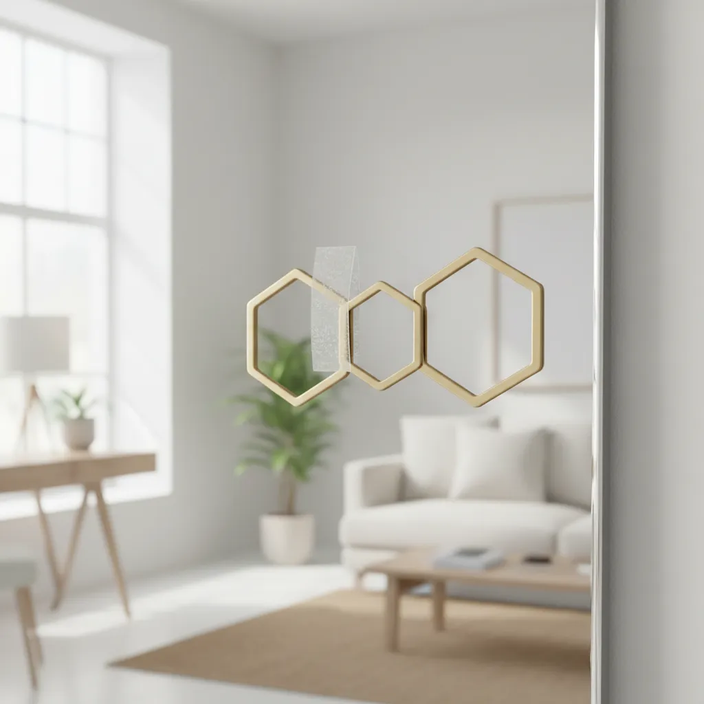 close view of removable adhesive strip attaching decoration to mirror glass